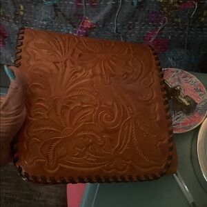 Patricia Nash Cognac Tooled Leather Whipstitch Crossbody